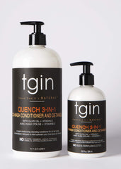 tgin Quench 3-in-1 Co-Wash label close-up shows shea butter and almond oil.