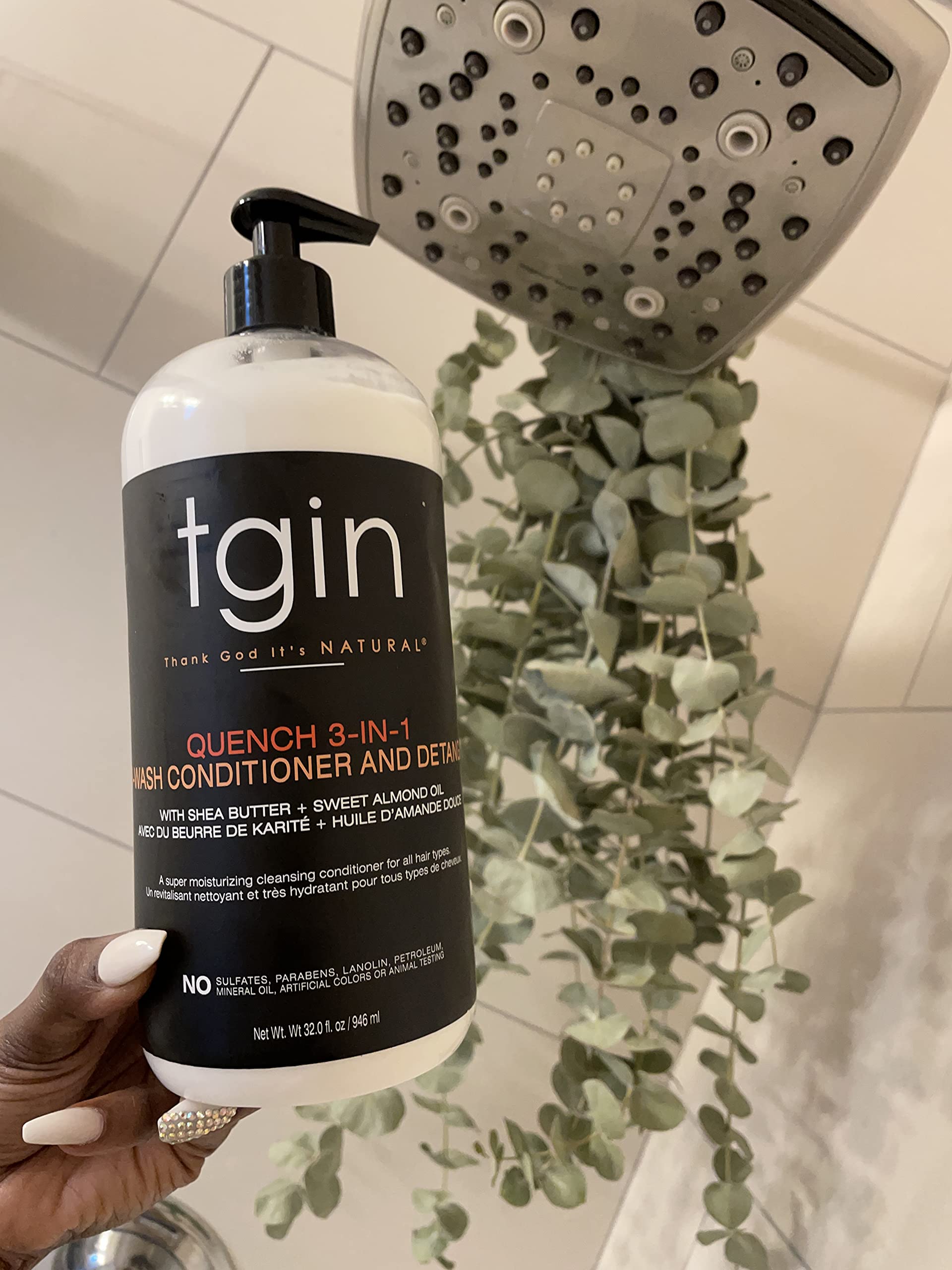tgin Quench 3-in-1 bottle in-use shot supports twist-out and edge-smoothing benefits.