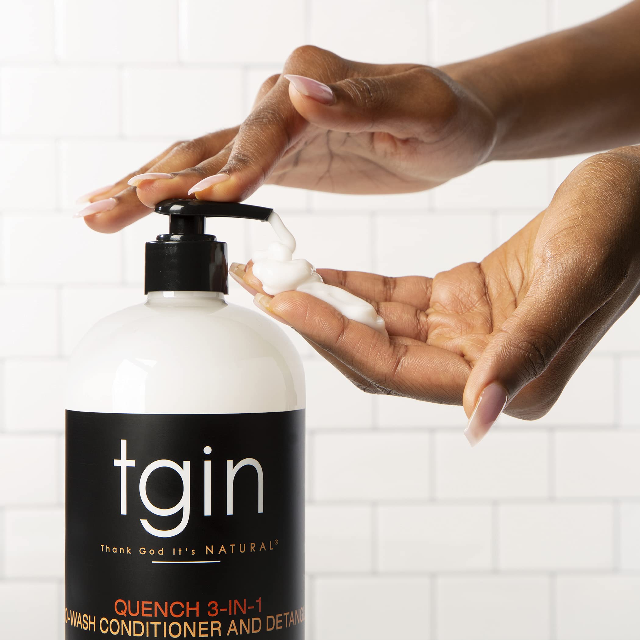 tgin Quench Co-Wash texture close-up reveals smooth detangling slip.