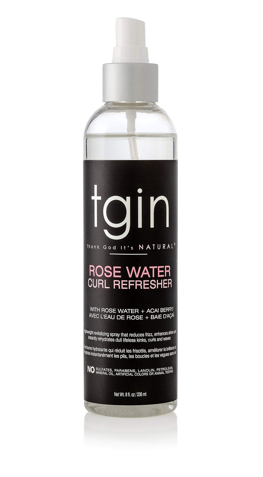 Thank God It's Natural tgin Rose Water Curl Refresher bottle delivers moisture to dry curls