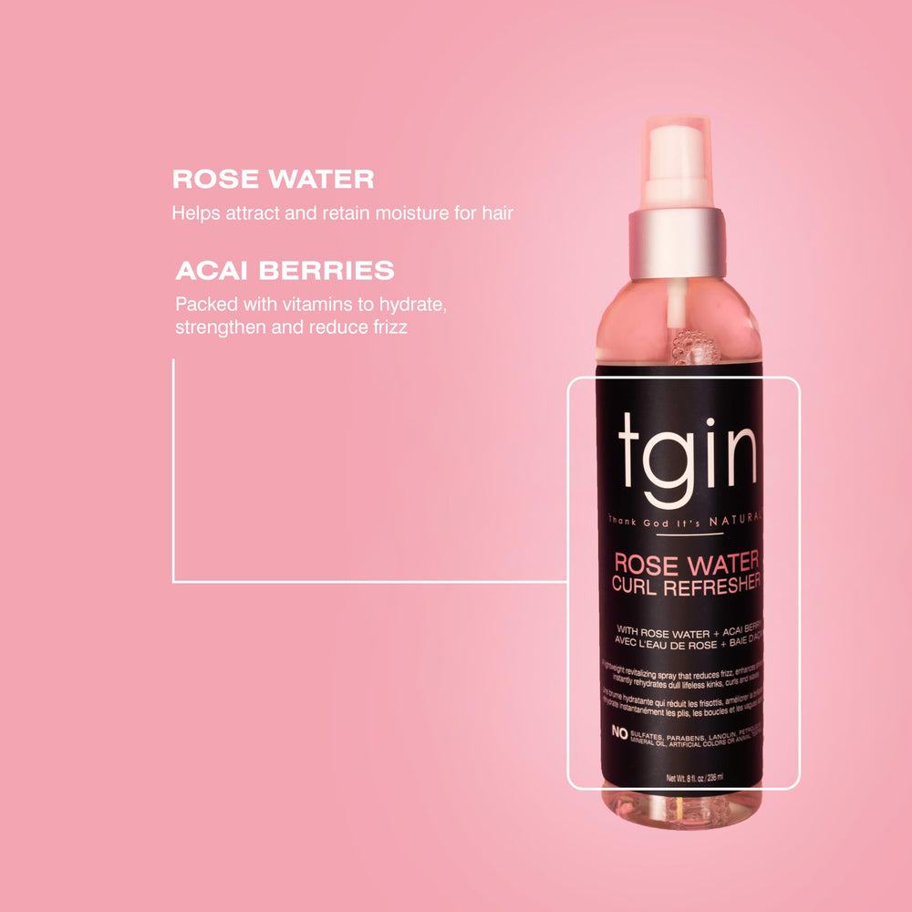Thank God It's Natural tgin Rose Water Curl Refresher helps tame frizz and renew shine