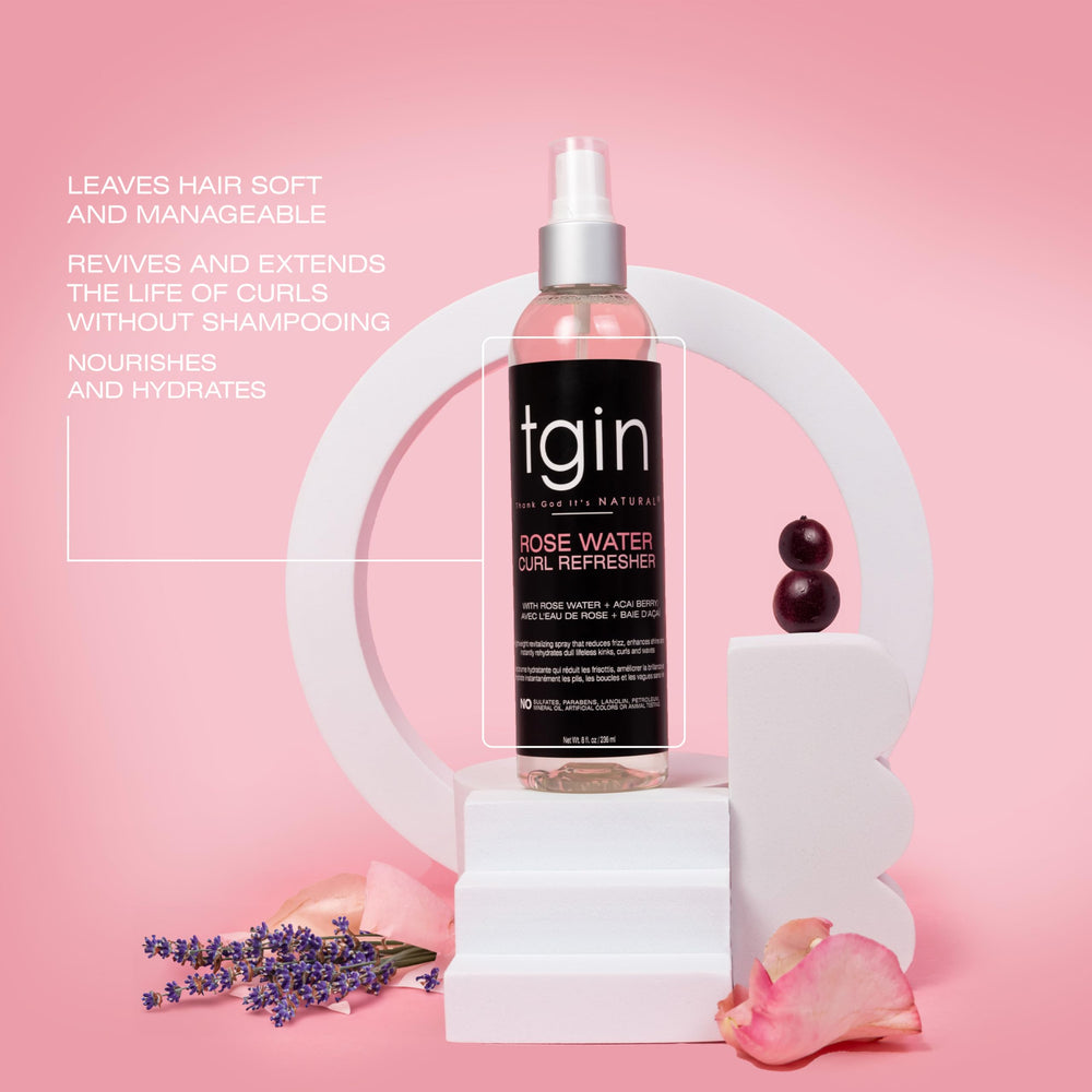 Thank God It's Natural tgin Rose Water Curl Refresher provides scalp moisture and soothing relief