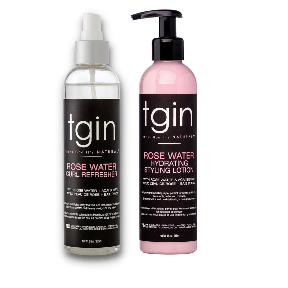 Thank God It's Natural tgin Rose Water Curl Refresher spray refreshes dry curls instantly.