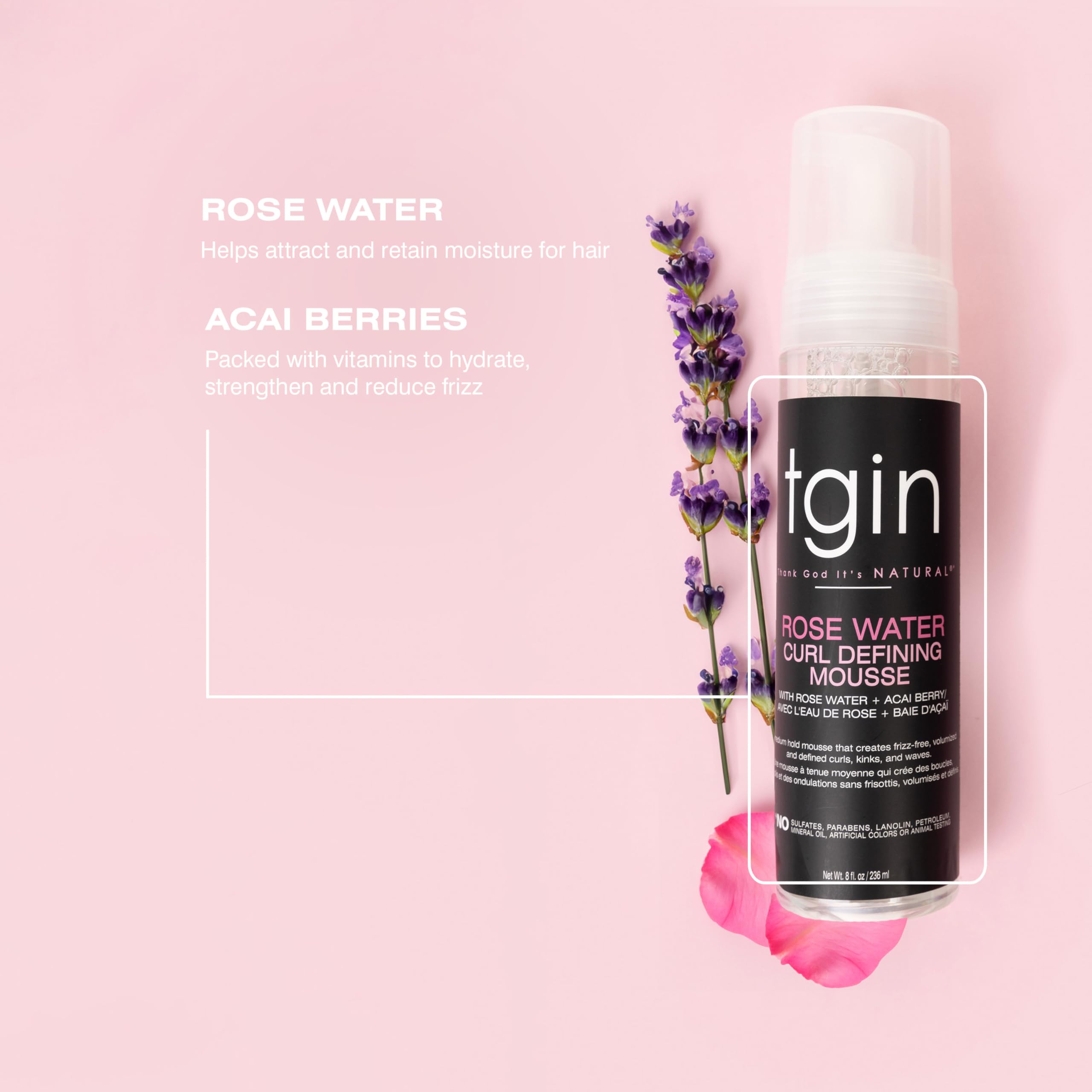 tgin Rose Water Defining Mousse bottle showcases lightweight moisture for low-porosity hair