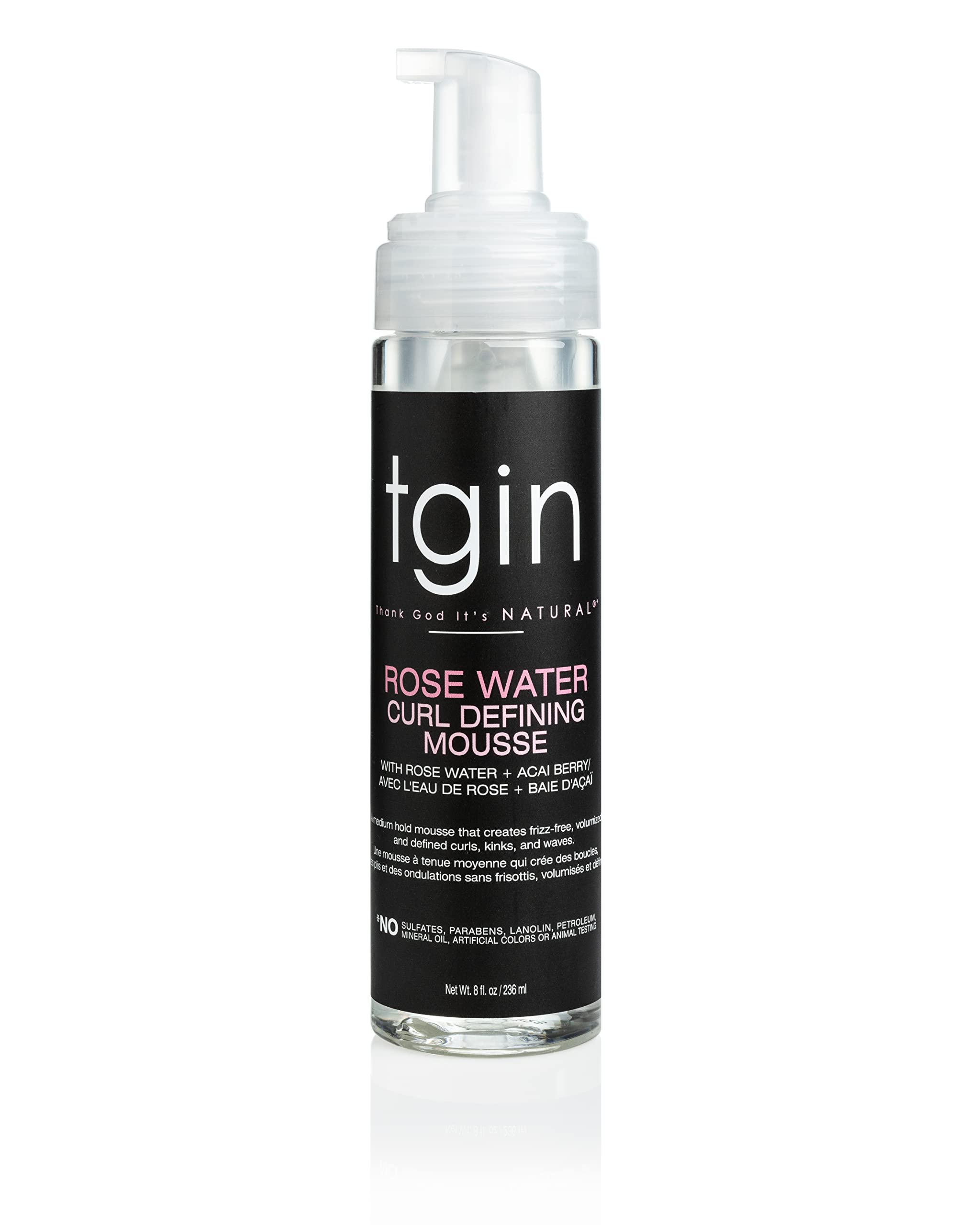 tgin Rose Water Defining Mousse bottle front showing lightweight hold for defined curls