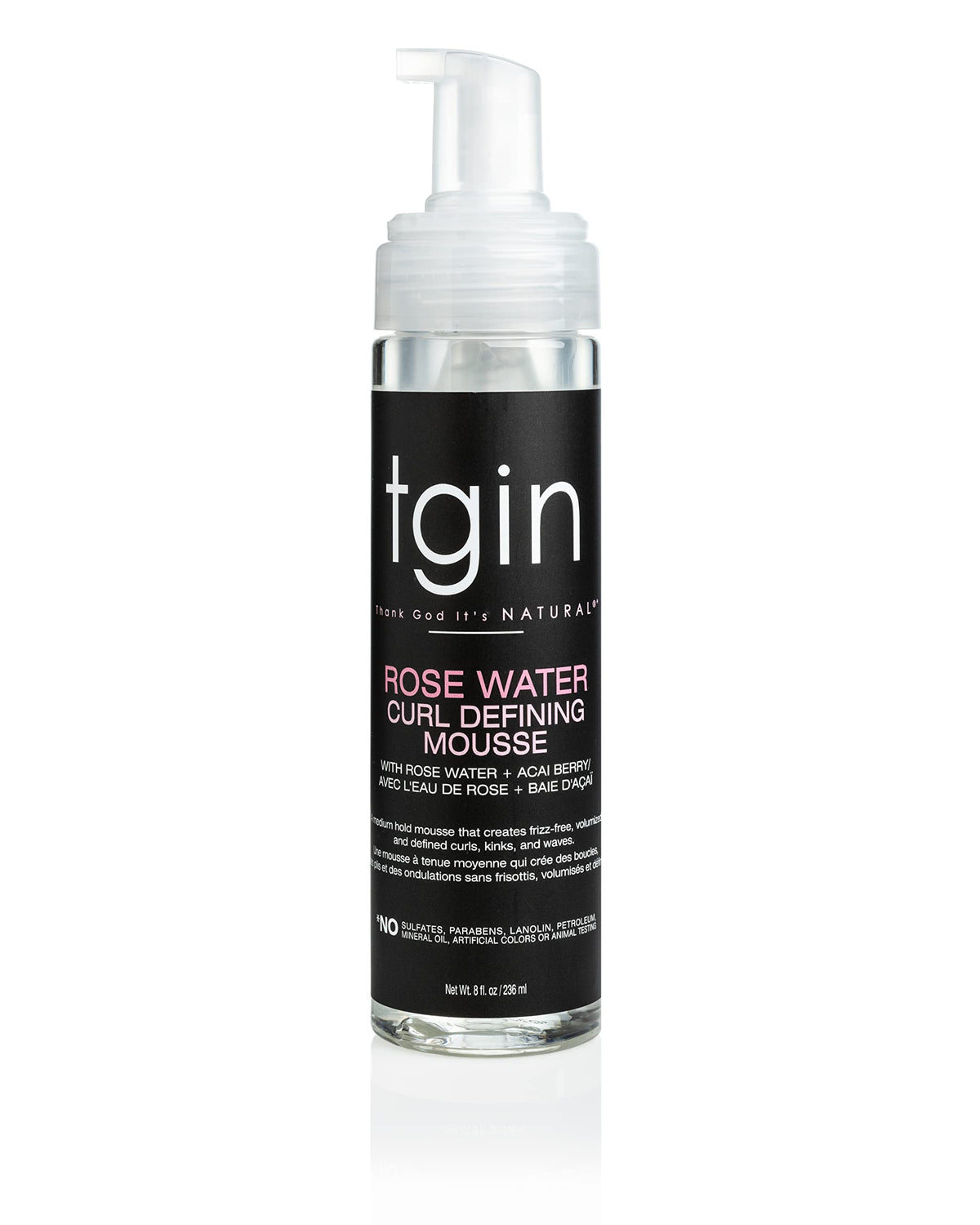 tgin Rose Water Defining Mousse bottle front showing lightweight hold for defined curls