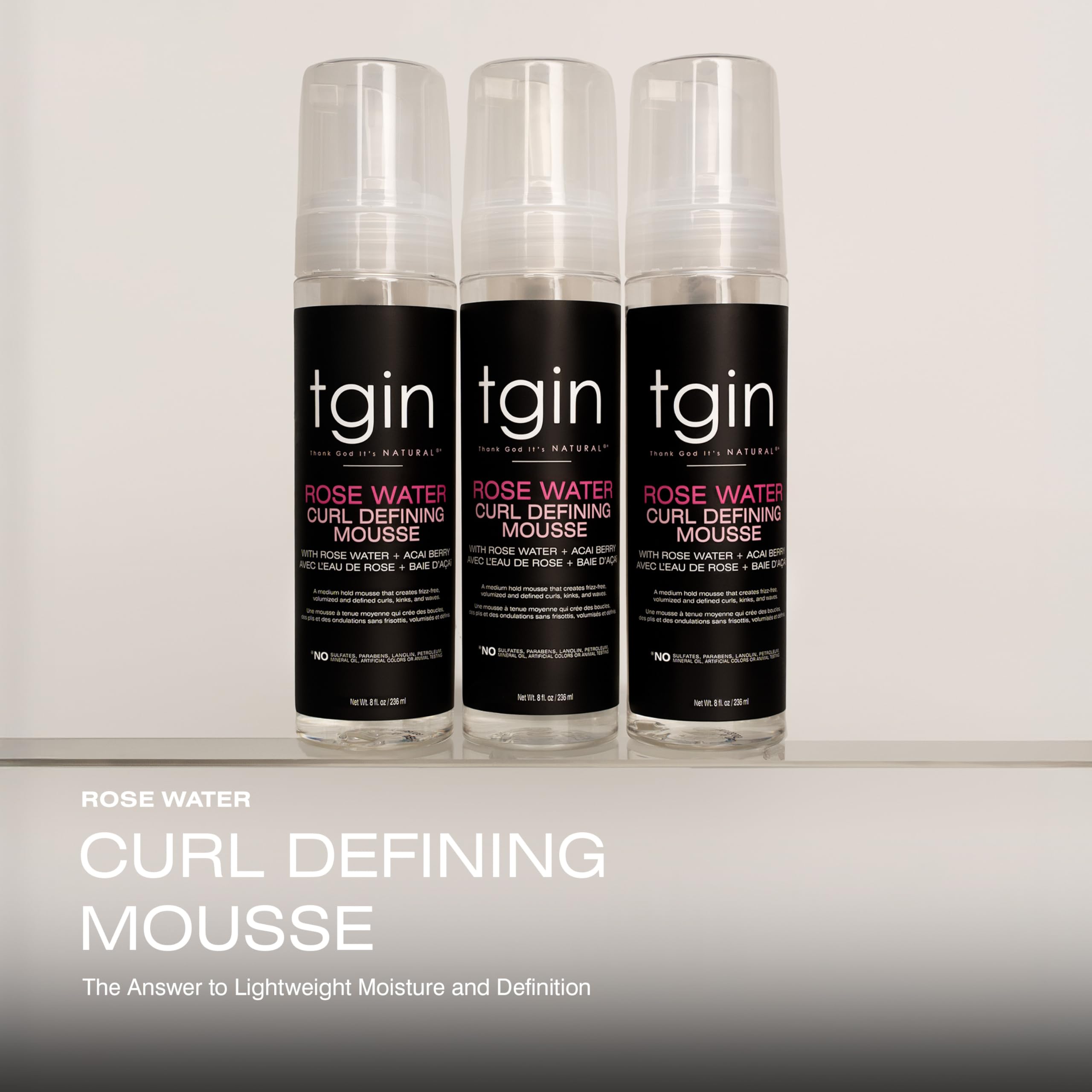 tgin Rose Water Defining Mousse creamy texture delivers soft definition