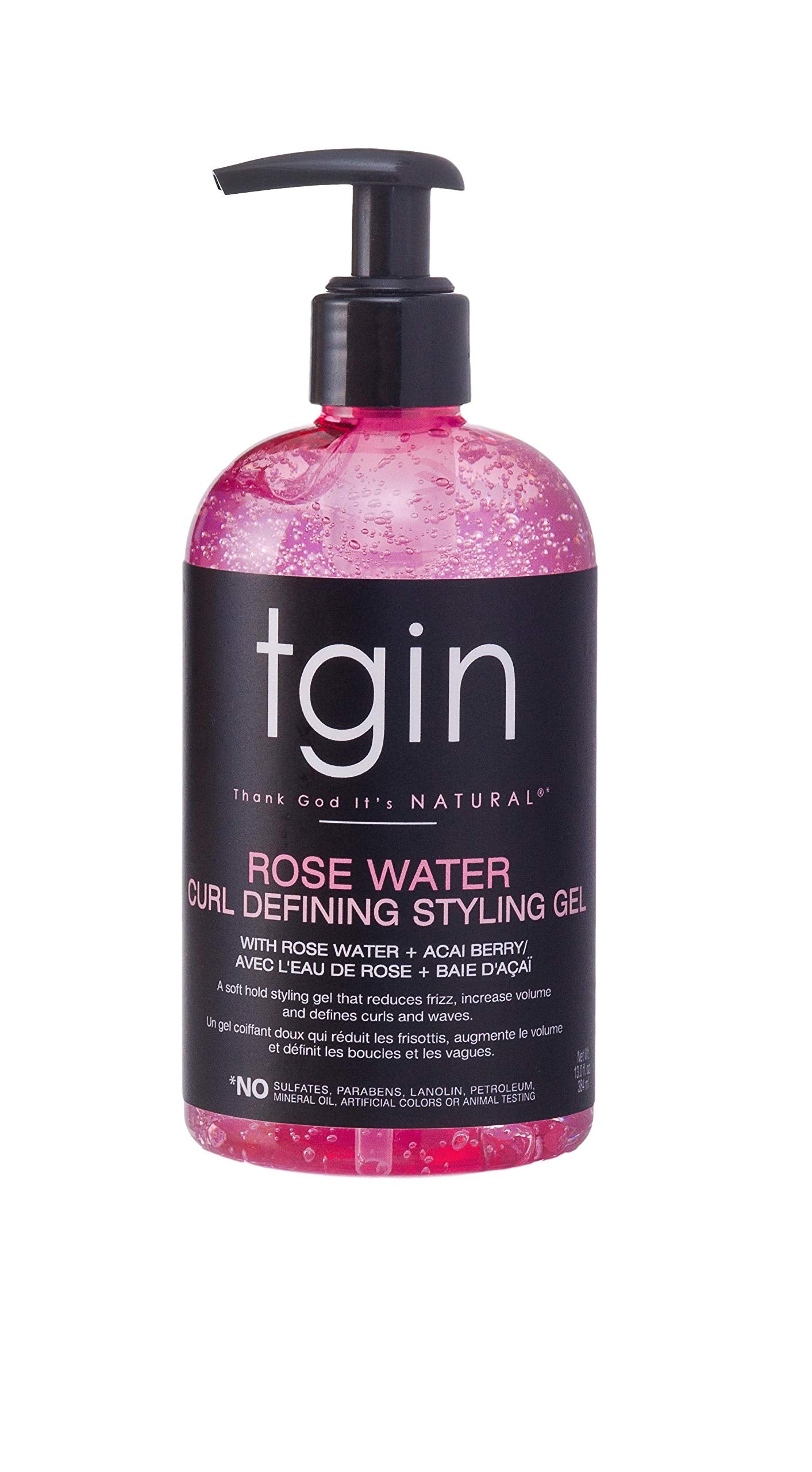 tgin rose water defining styling gel front bottle for lightweight curl hold.