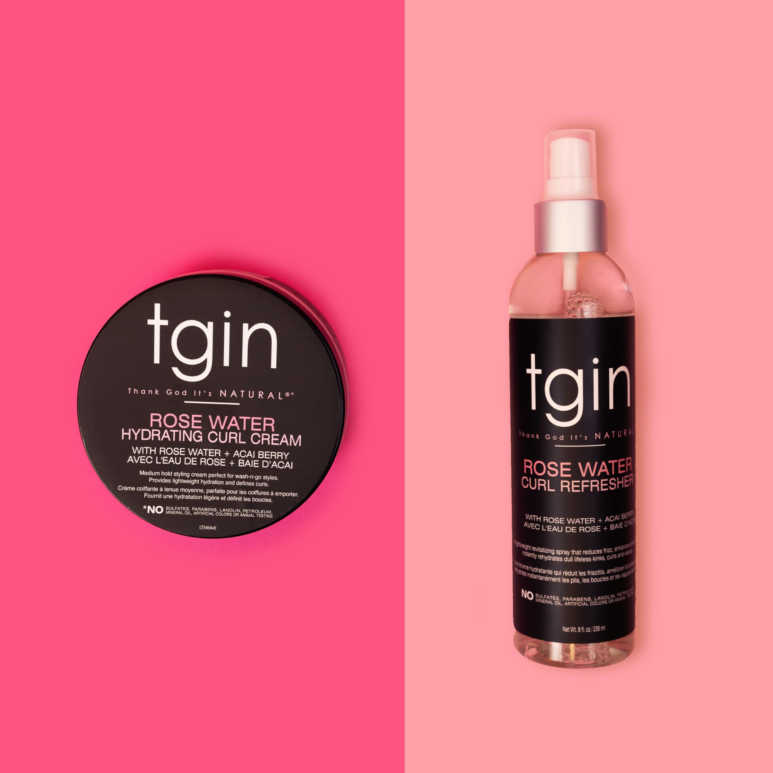 tgin Rose Water duo bottles side-by-side showcase lightweight moisture possibilities.