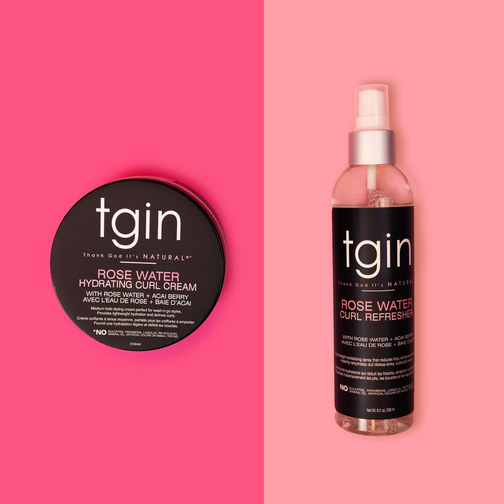 tgin Rose Water duo bottles side-by-side showcase lightweight moisture possibilities.