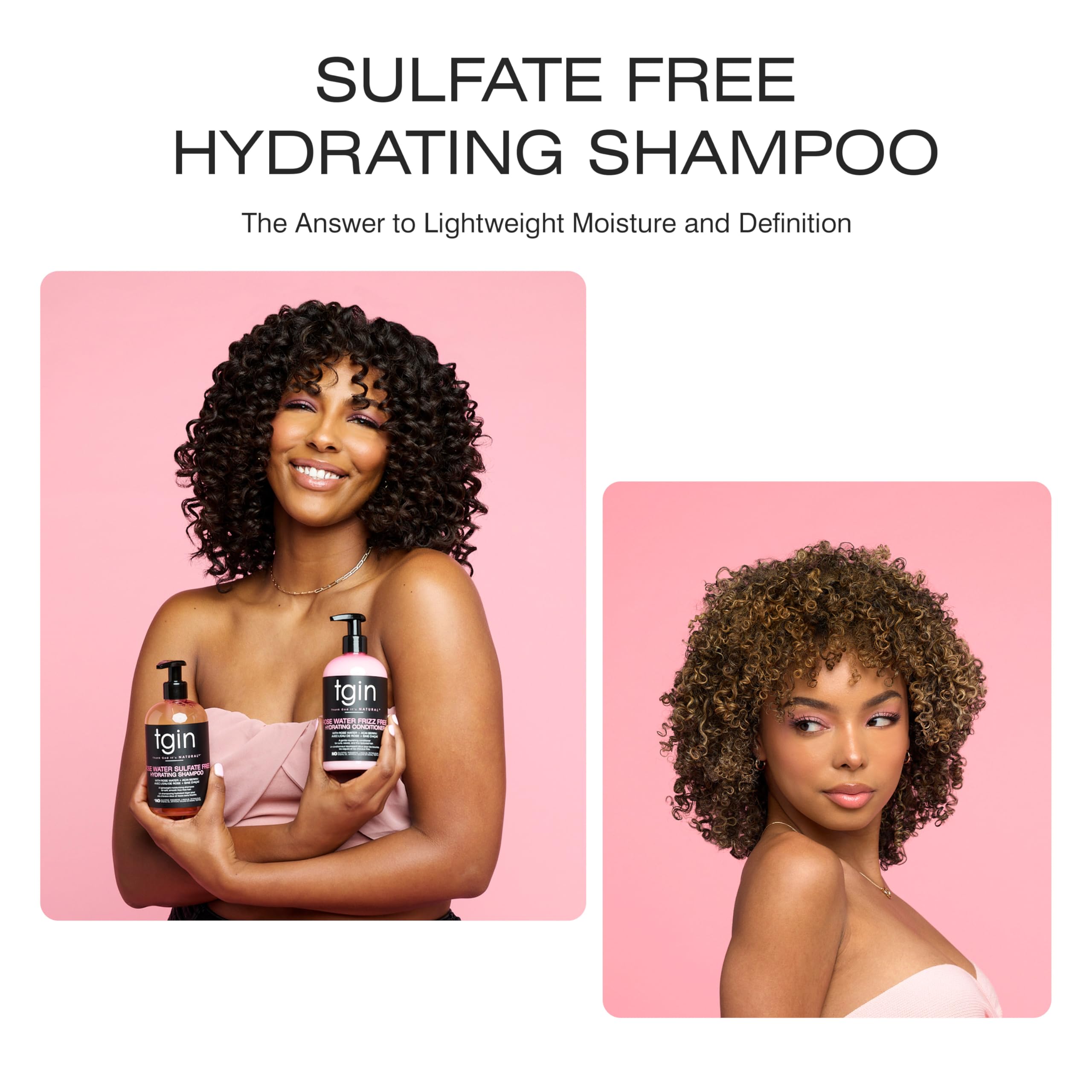 tgin Rose Water shampoo on curly hair defines curls without weighing down