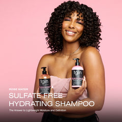 tgin Rose Water shampoo pour into hand shows gentle cleansing for dry hair
