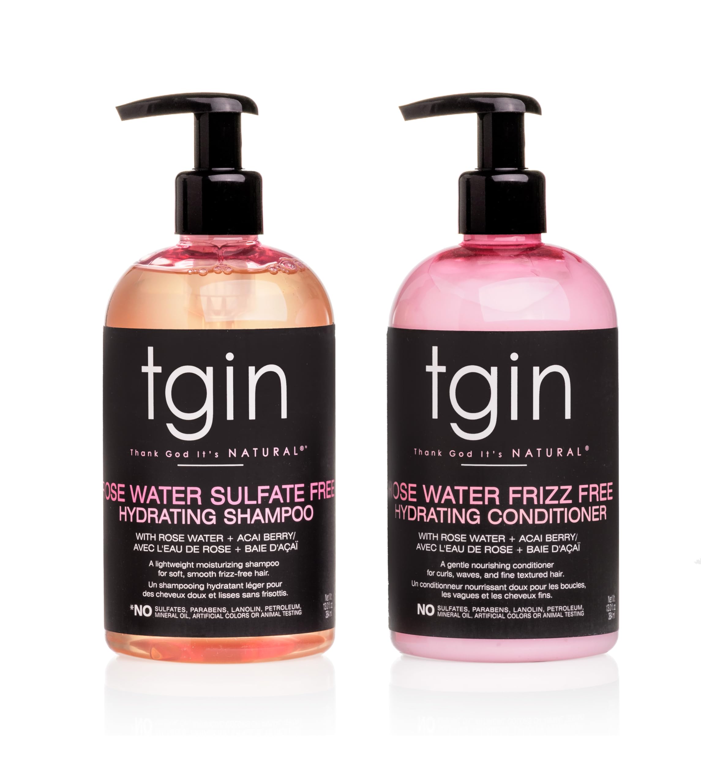 tgin rose water shampoo bottle showing lightweight hydration for frizz control