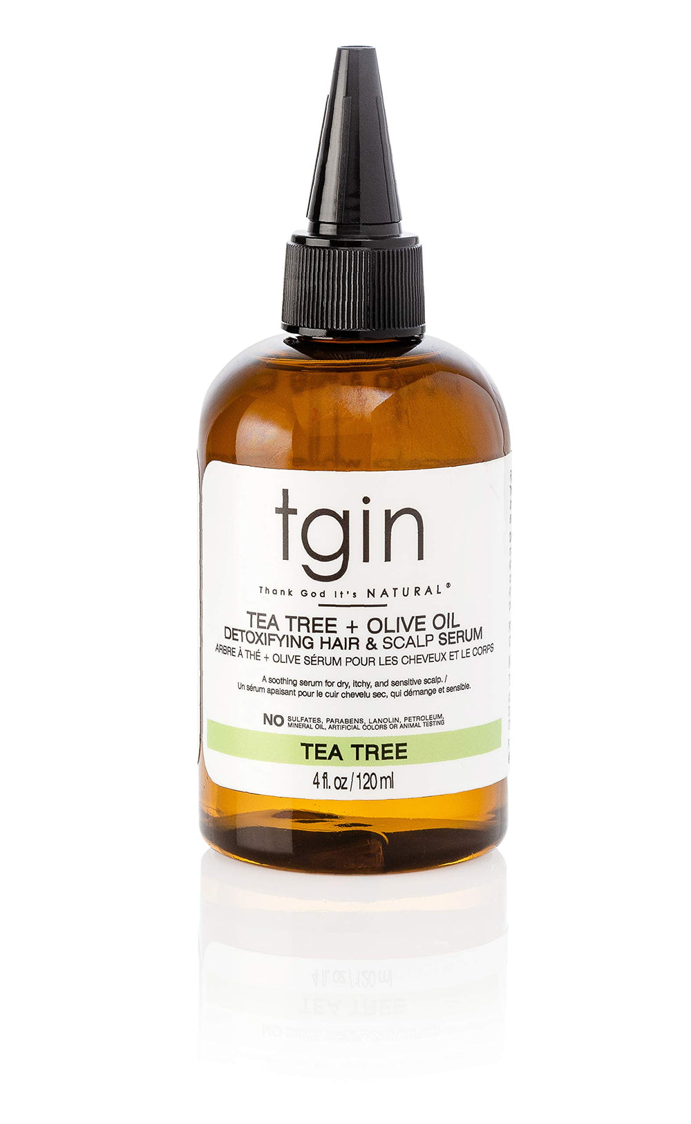tgin Tea Tree Olive Oil Detoxifying Serum bottle for scalp care and dandruff support