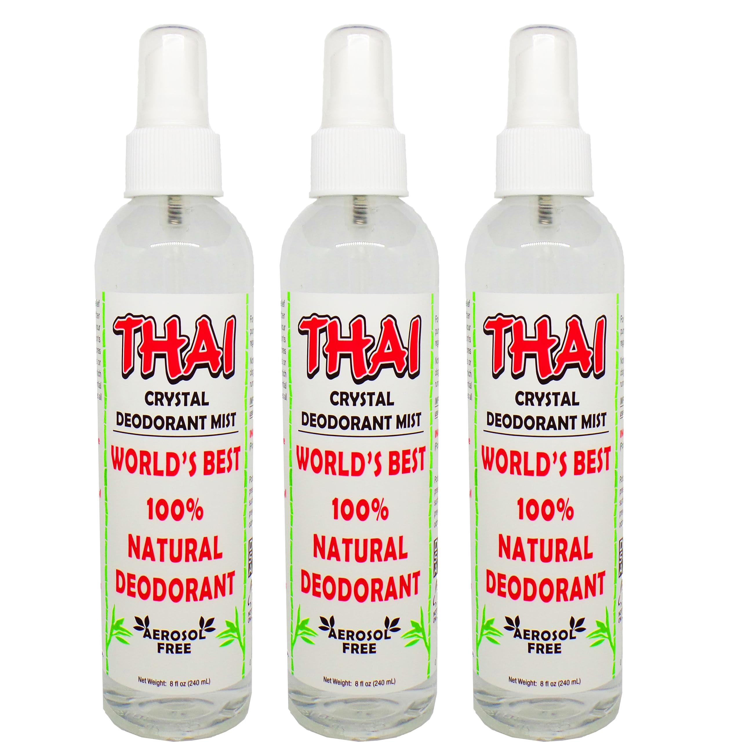 Thai Deodorant Stone Crystal Mist bottle shows mineral-based deodorant for gentle odor control.