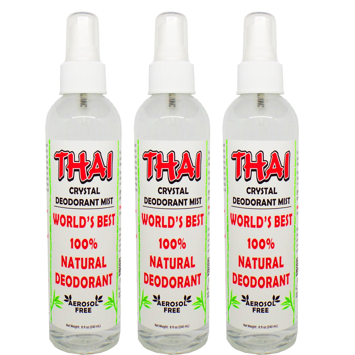 Thai Deodorant Stone Crystal Mist bottle shows mineral-based deodorant for gentle odor control.