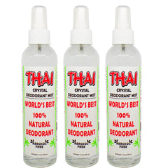 Thai Deodorant Stone Crystal Mist bottle shows mineral-based deodorant for gentle odor control.