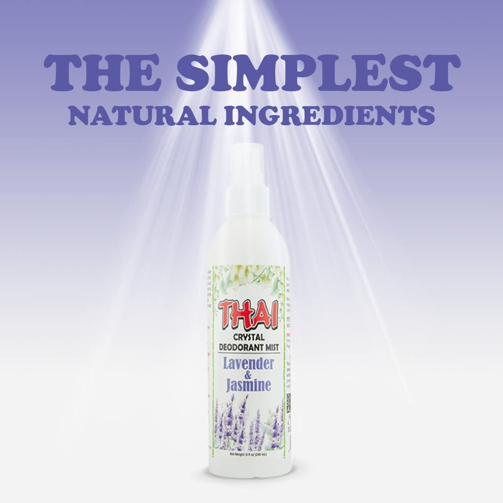Thai Deodorant Stone Crystal Mist, etiqueta de diseño elegante para rutina diaria.