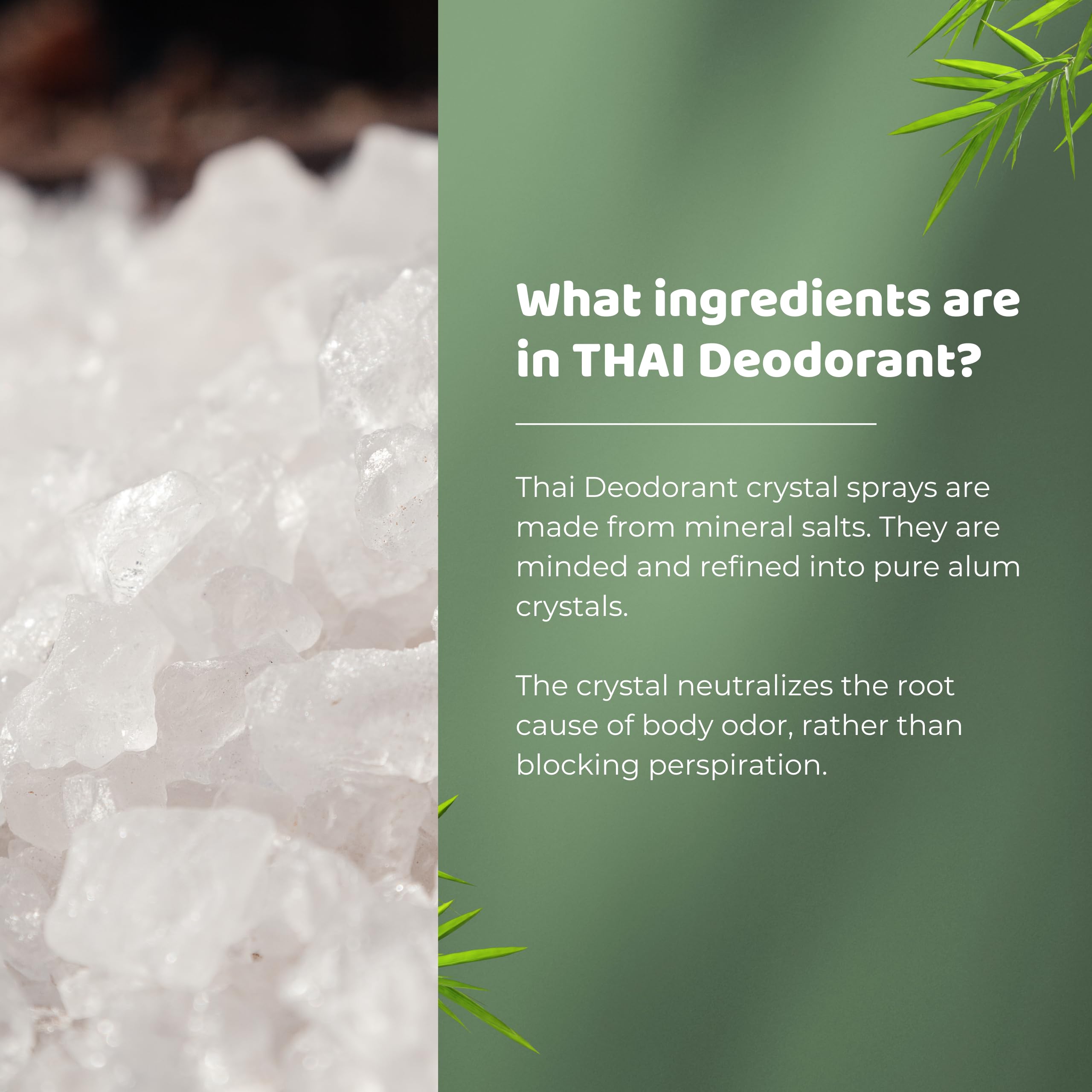 Thai Deodorant Stone Crystal Mist ingredients close-up highlights mineral salt formula.