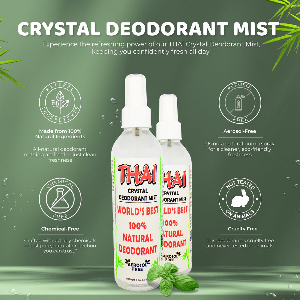 Thai Deodorant Stone Crystal Mist spray-action demonstrates non-aerosol delivery safe for fabrics.