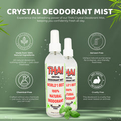 Thai Deodorant Stone Crystal Mist spray-action demonstrates non-aerosol delivery safe for fabrics.