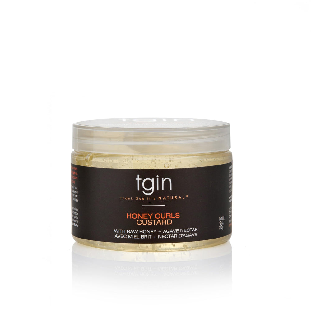 Thank God It's Natural Honey Curls Custard bottle closeup showing moisture-rich formula for defined curls
