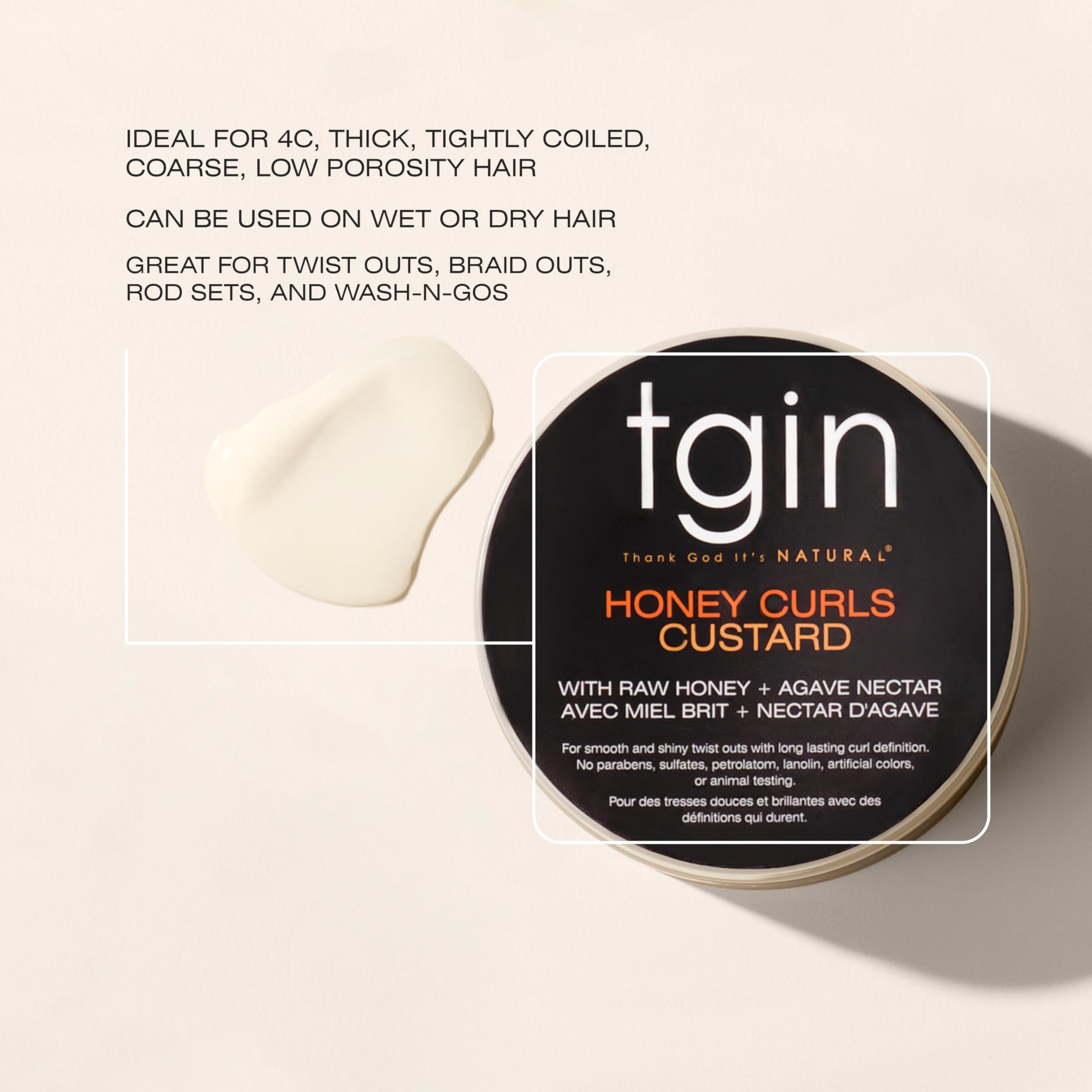 Thank God It's Natural Honey Curls Custard jar on surface emphasizes easy-to-use nourishment