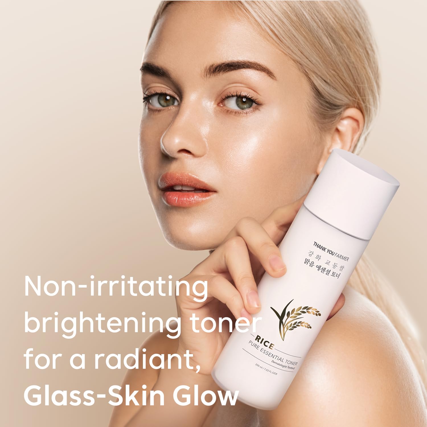 THANKYOU FARMER Niacinamide toner glow shot suggesting brighter, even-toned skin.