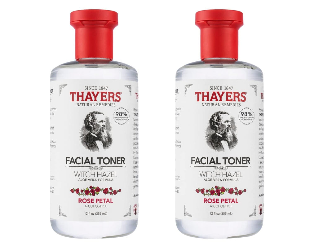 Thayers Rose Petal Toner bottle close-up highlighting alcohol-free hydration.