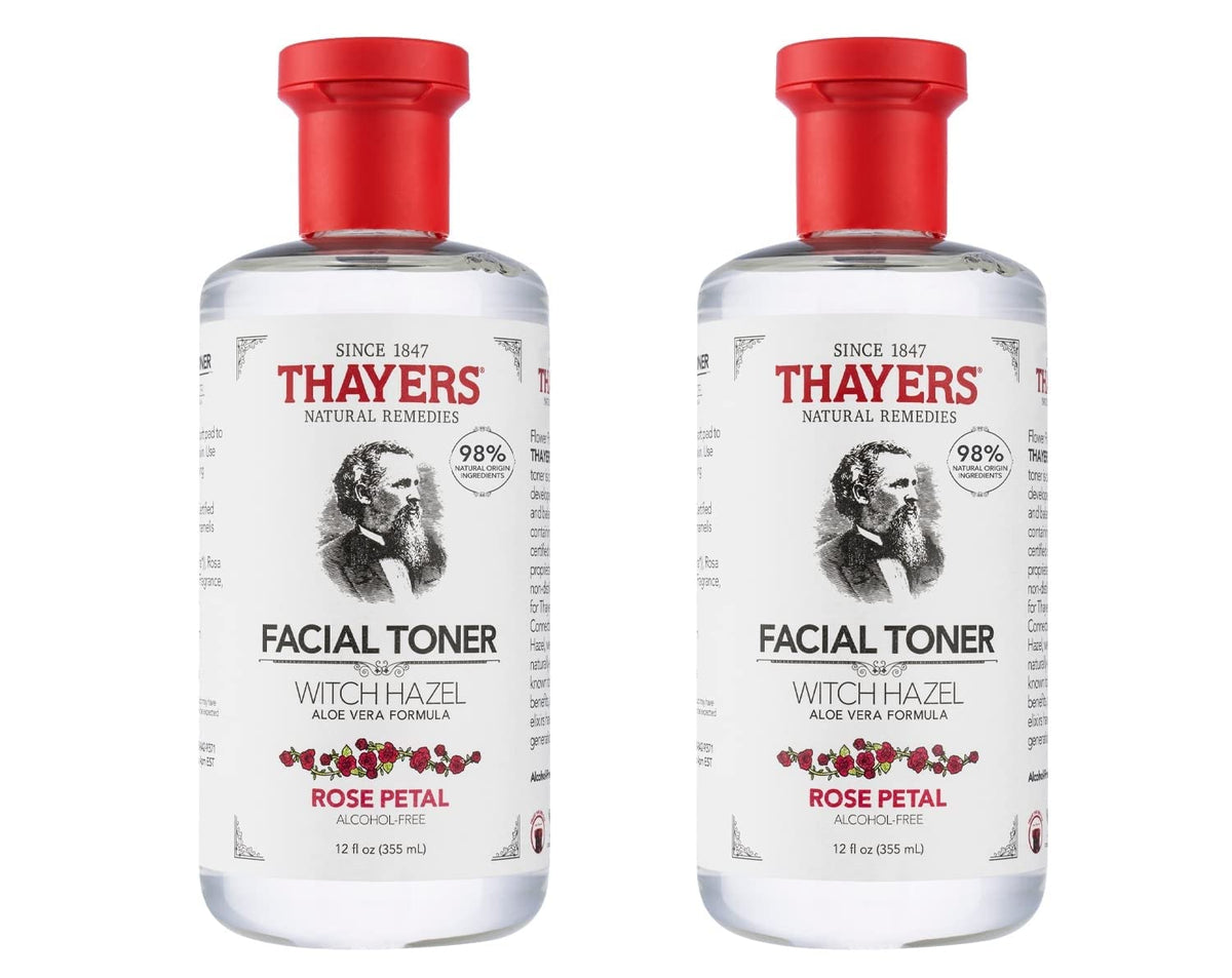 Thayers Rose Petal Toner bottle close-up highlighting alcohol-free hydration.