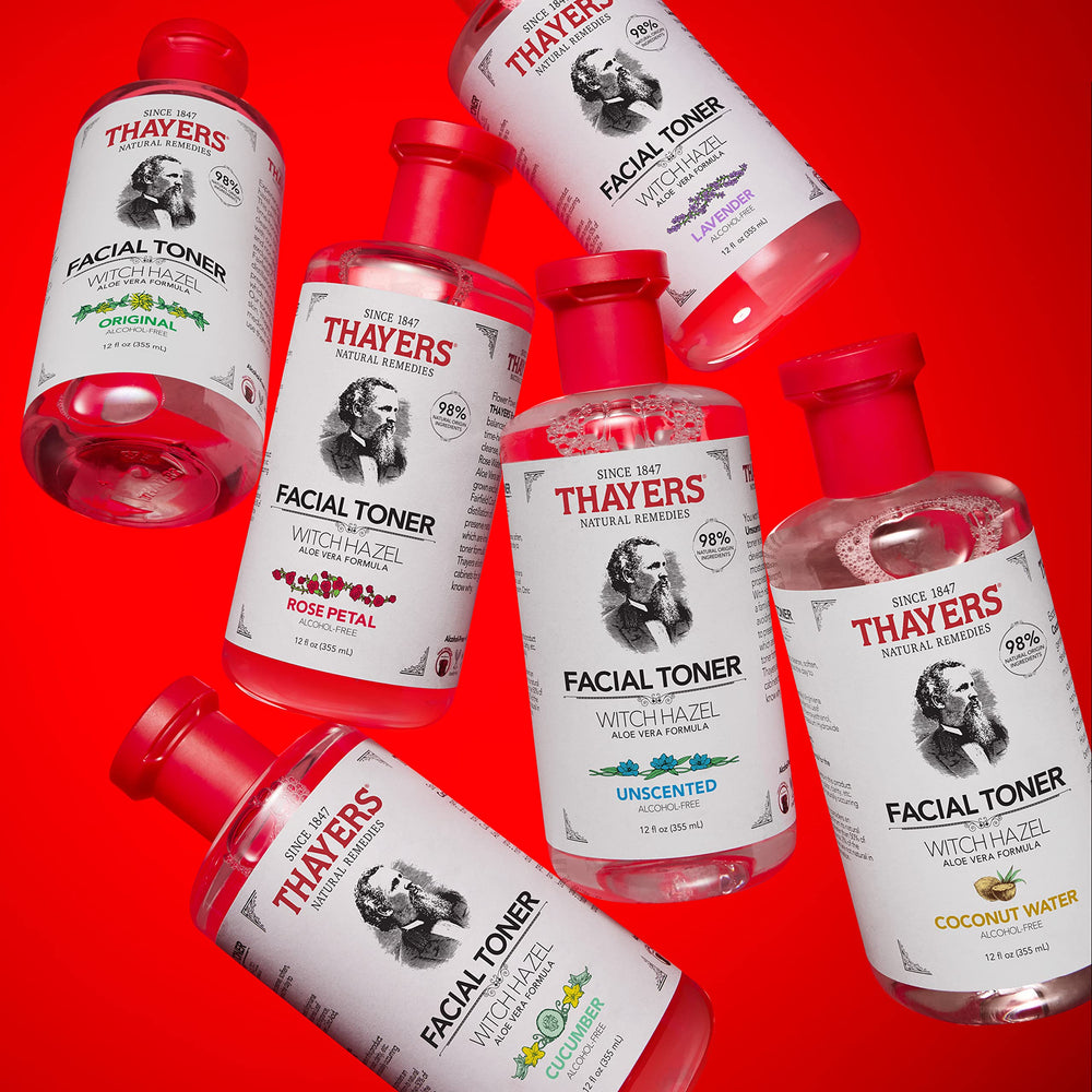 Thayers bottle shown on bathroom shelf for everyday hydration and balance.