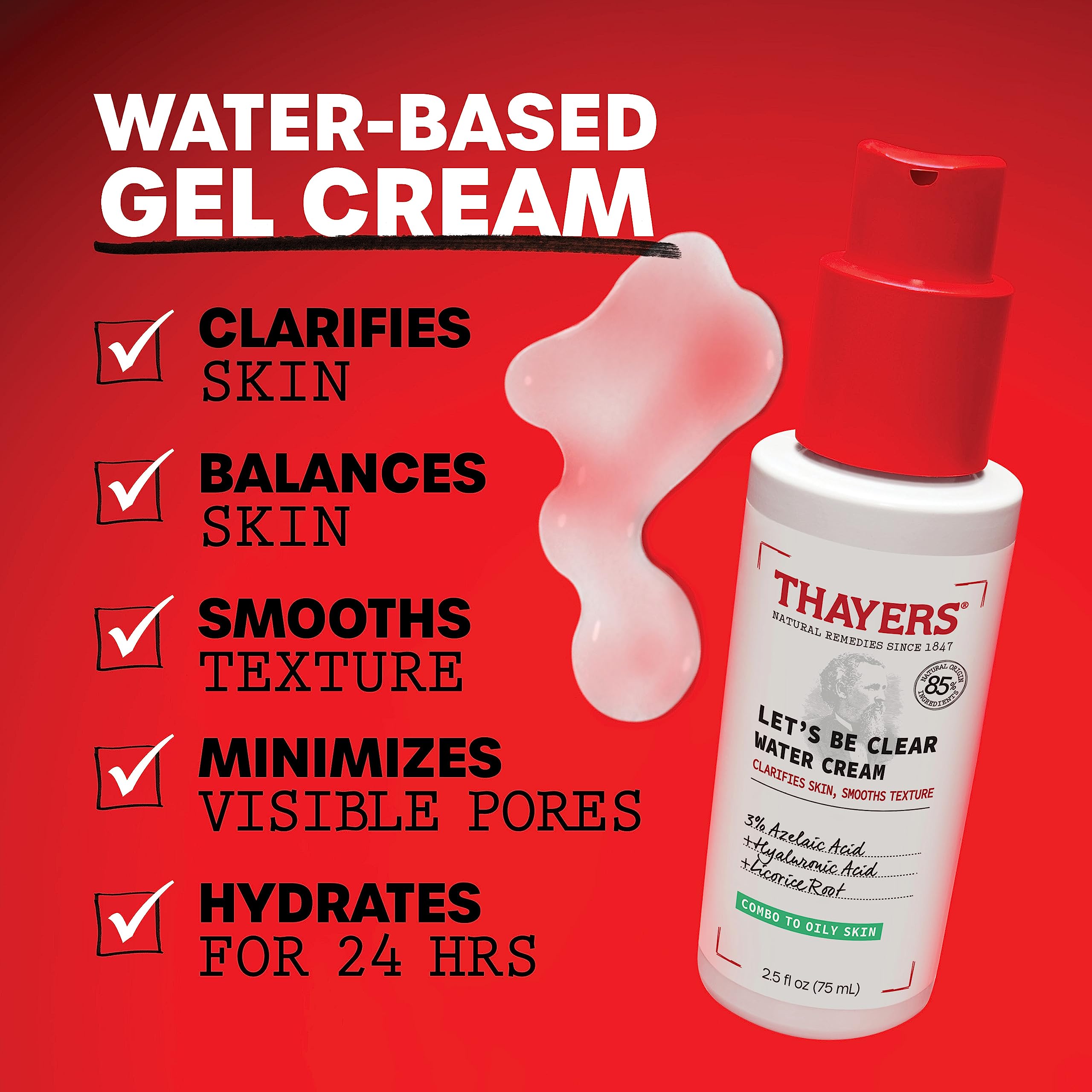 Thayers Let’s Be Clear Water Cream swatch on finger demonstrates lightweight gel texture and oil control.