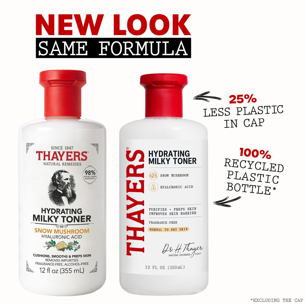 THAYERS Milky Toner bottle open pour highlights easy application and splash-free use