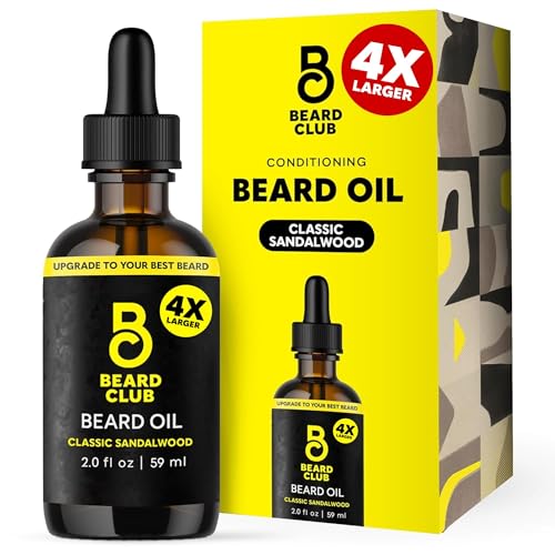 The Beard Club beard oil 2oz bottle with sandalwood pour hydrates and nourishes.