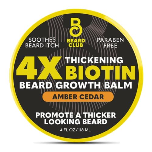 The Beard Club Biotin Beard Balm jar shows amber cedar scent and moisturizing formula.
