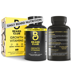 The Beard Club Biotin Beard Growth vitamins bottle shows fuller facial hair potential.