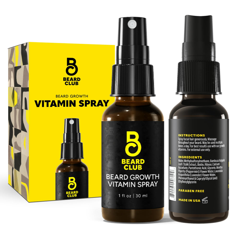 The Beard Club Biotin Vitamin Spray bottle on bathroom shelf supports daily beard care and growth.