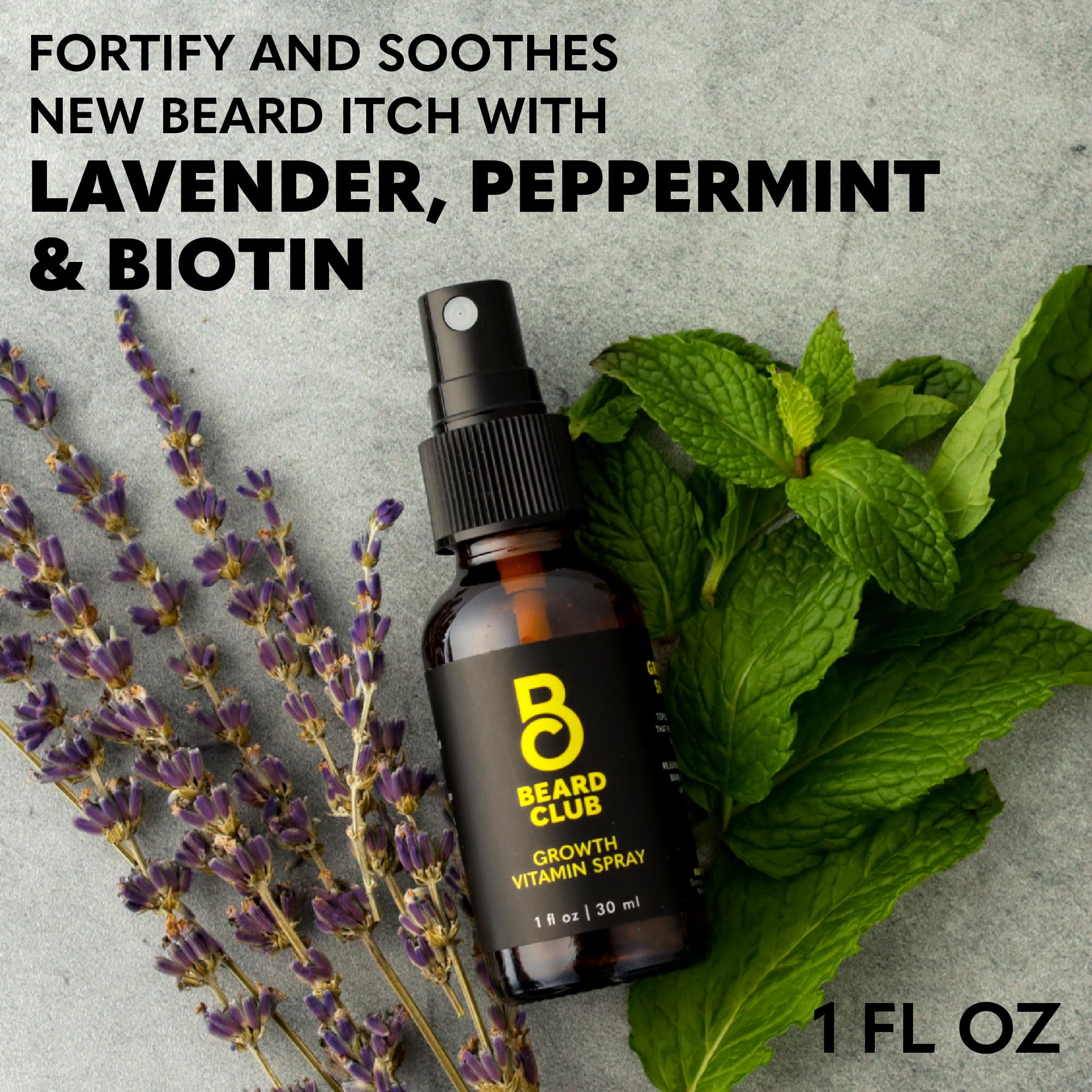 The Beard Club Biotin Vitamin Spray ingredients illustration signals natural blend.