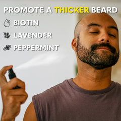 The Beard Club Biotin Vitamin Spray mist dispensing demonstrates easy targeted application for beard areas.