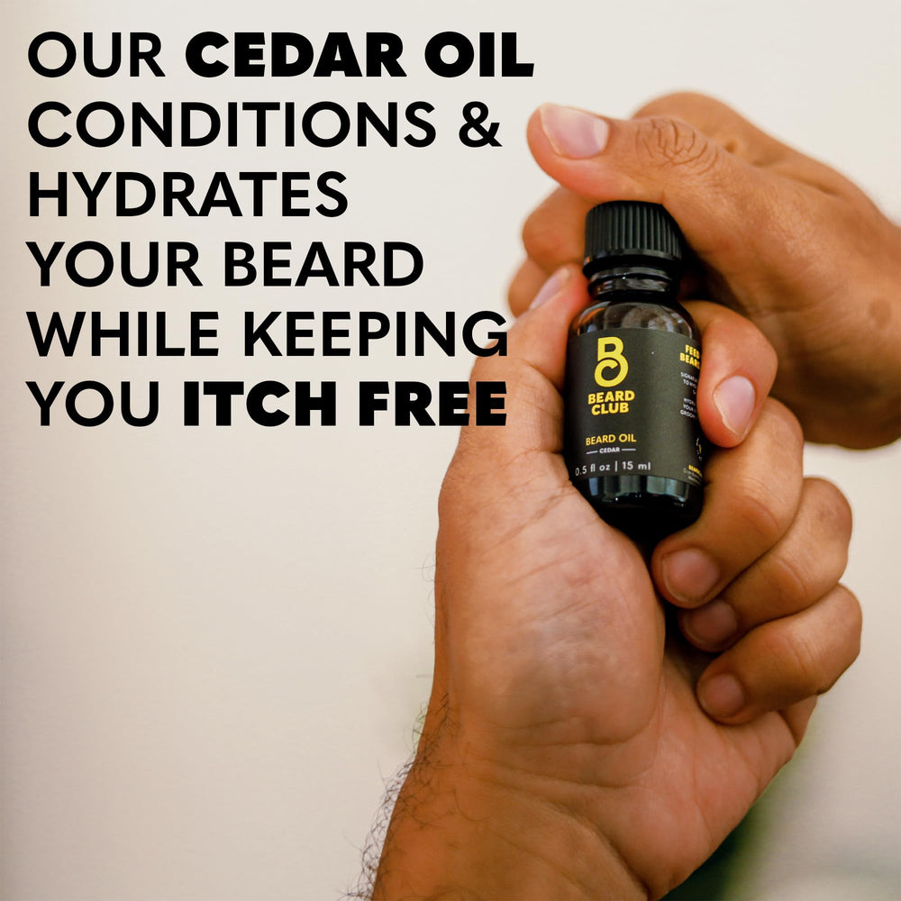 The Beard Club cedar beard balm jar soothing itchy phases with hydration.