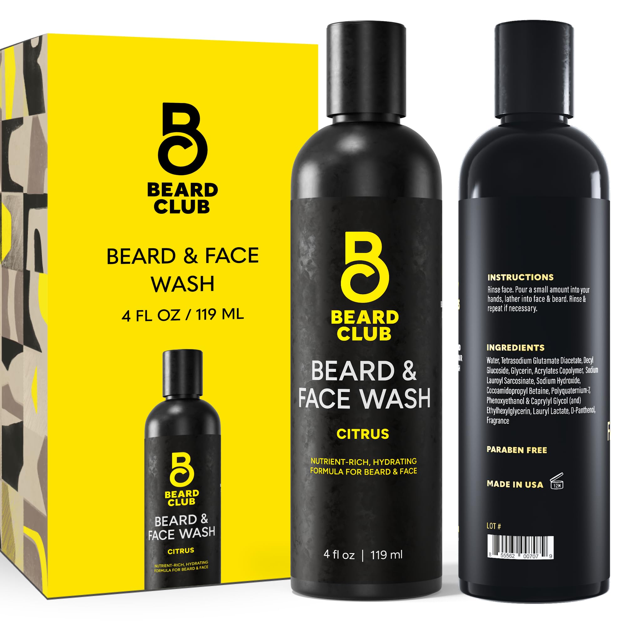 The Beard Club Citrus Beard & Face Wash bottle shows all-in-one cleansing for beard and skin.
