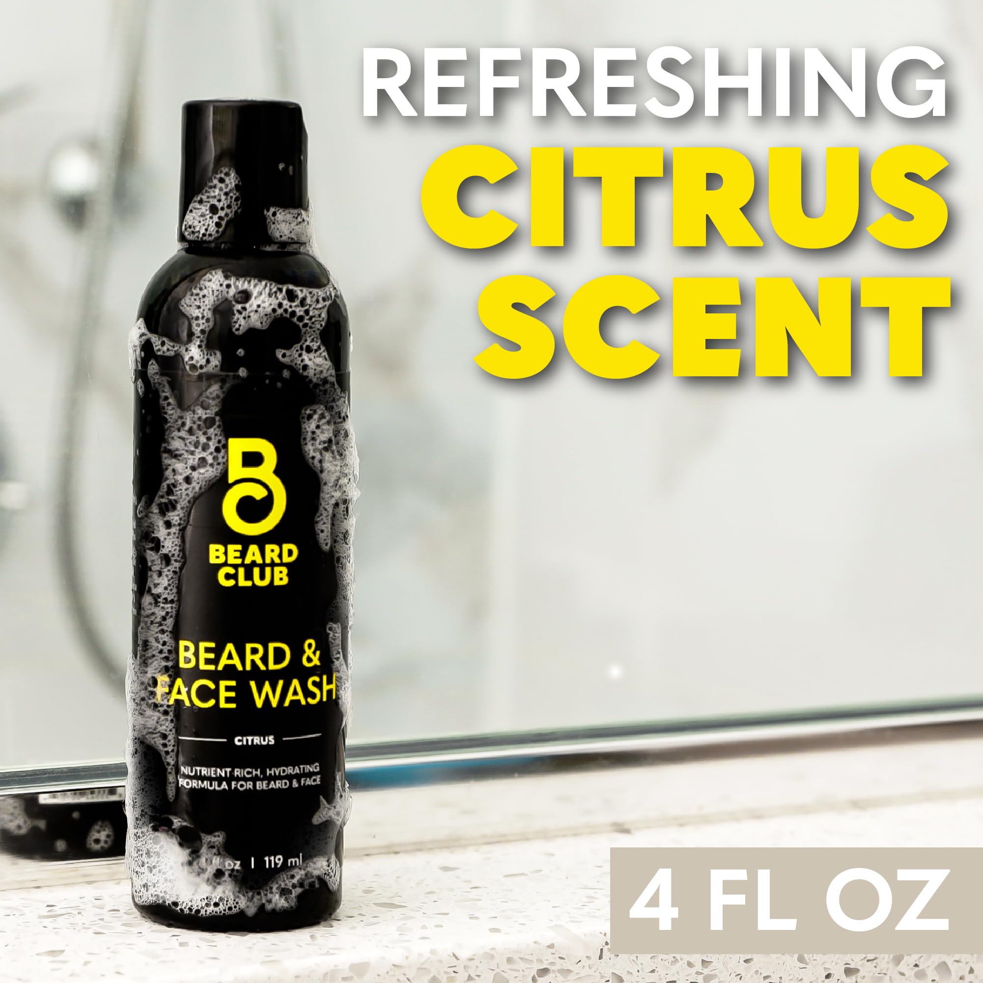 Premium packaging of The Beard Club Citrus Beard & Face Wash on shelf.