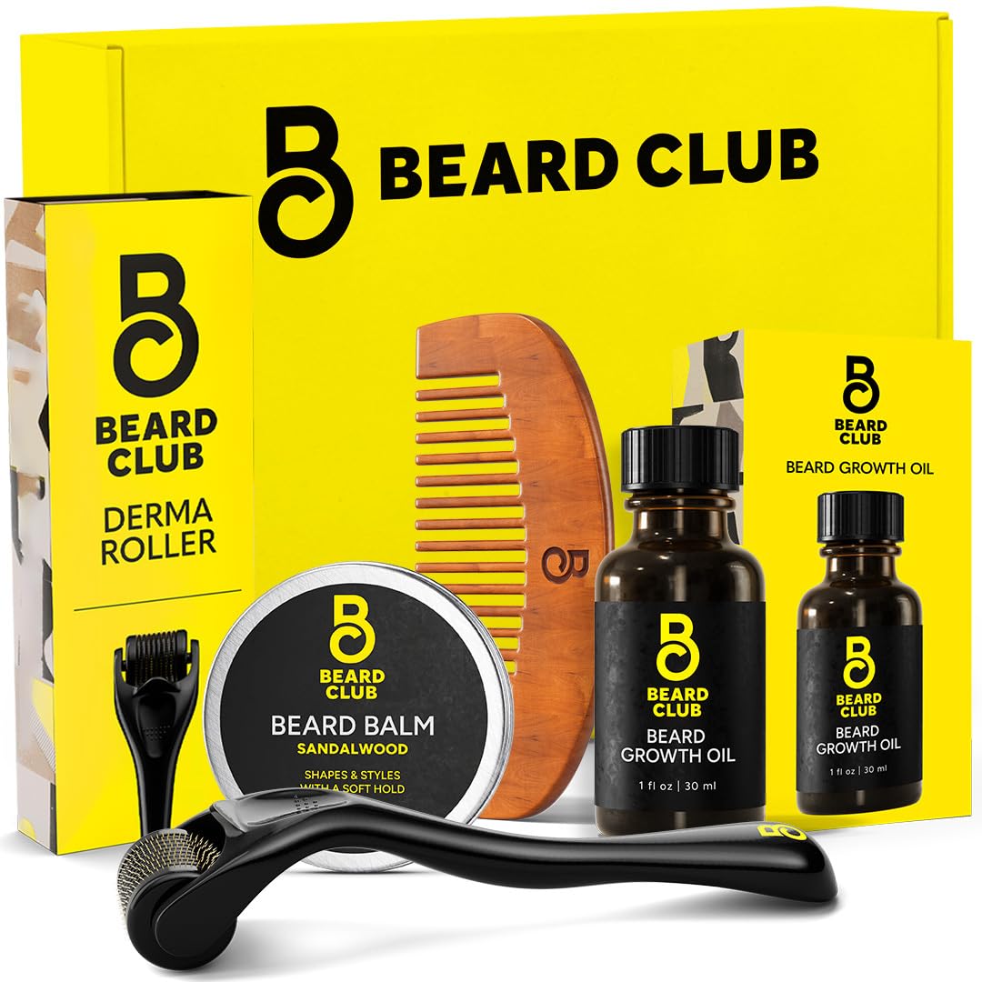 The Beard Club beard derma roller features 540 titanium needles for skin refreshment.