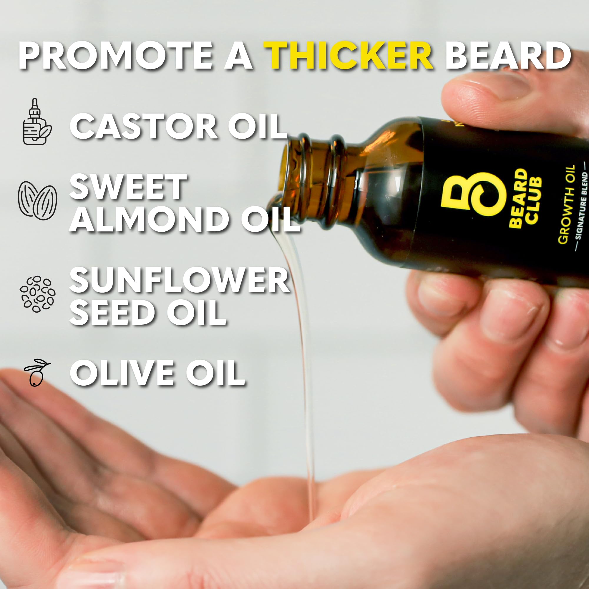 The Beard Club Growth Oil dropper shows castor oil for thicker beard potential.