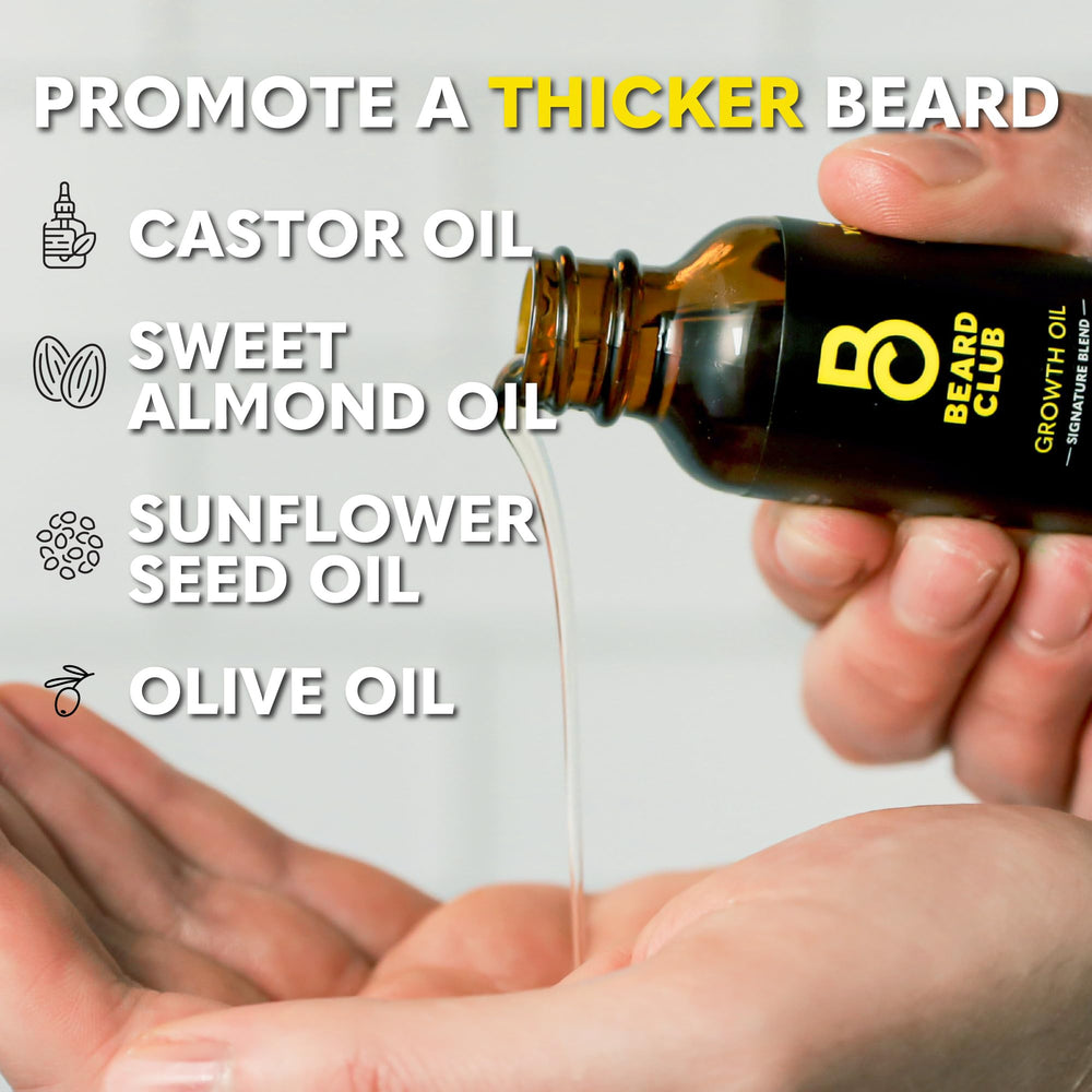 The Beard Club Growth Oil dropper shows castor oil for thicker beard potential.