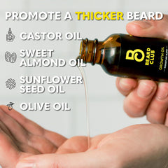 The Beard Club Growth Oil dropper shows castor oil for thicker beard potential.