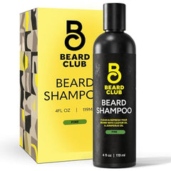The Beard Club Original Beard Shampoo bottle highlights a sulfate-free formula for softer, healthier facial hair