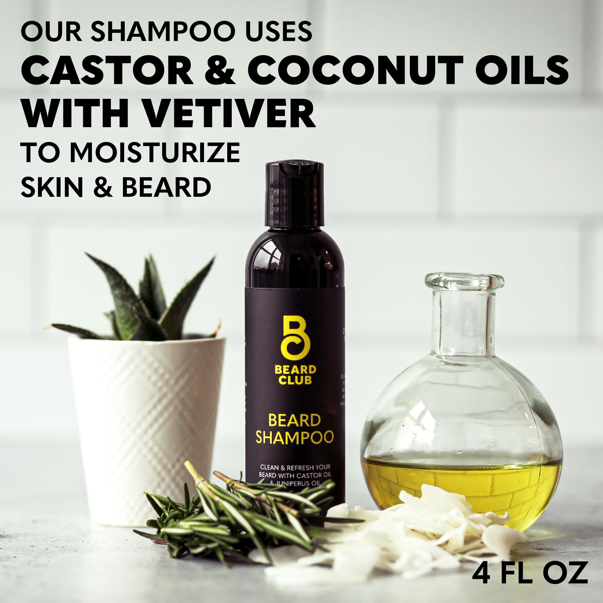 The Beard Club Original Beard Shampoo ingredients label emphasizes natural oils and vitamins without harsh chemicals