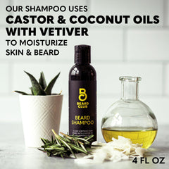 The Beard Club Original Beard Shampoo ingredients label emphasizes natural oils and vitamins without harsh chemicals