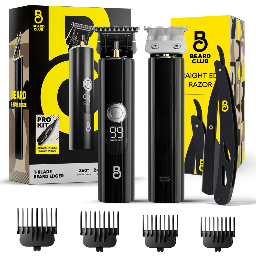 The Beard Club professional T-blade trimmer close-up highlights precision for crisp lines and fades